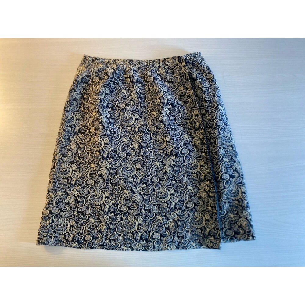 Y2K Merona Blue Cream Paisley Vintage Silk Wrap Knee Length Skirt Size 4 Lined